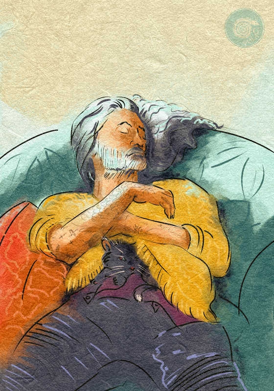 Ed sleeping on the teal couch, wearing golden sweater and motorcycle pants with the cat on his belly