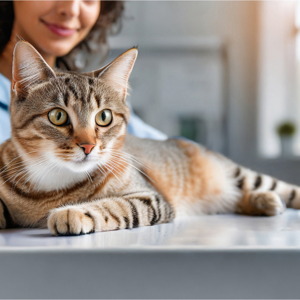 Una mujer sentada junto a un gato en una mesa.