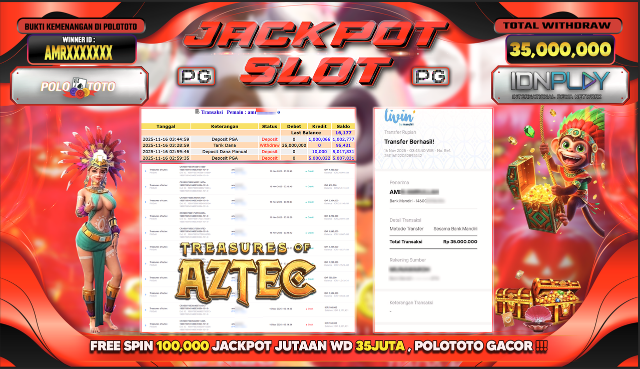POLOTOTO JACKPOT SLOT TREASURES OF AZTEC Rp.35.000.000,- LUNAS