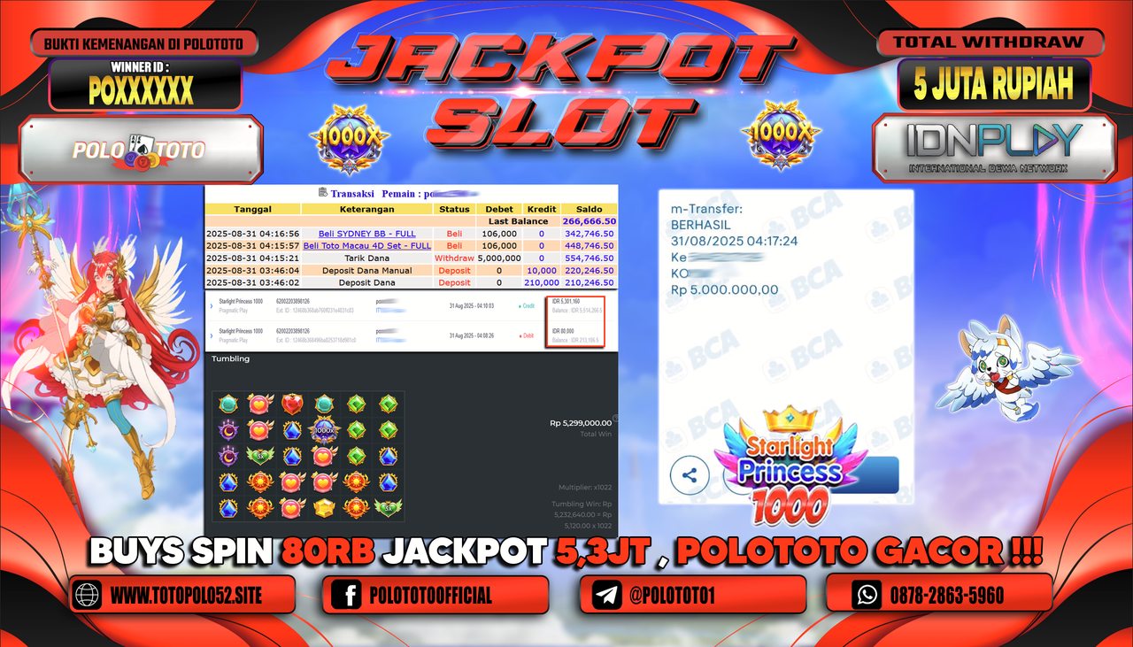 POLOTOTO JACKPOT SLOT STARLIGHT PRINCESS 1000 Rp.5.000.000,-