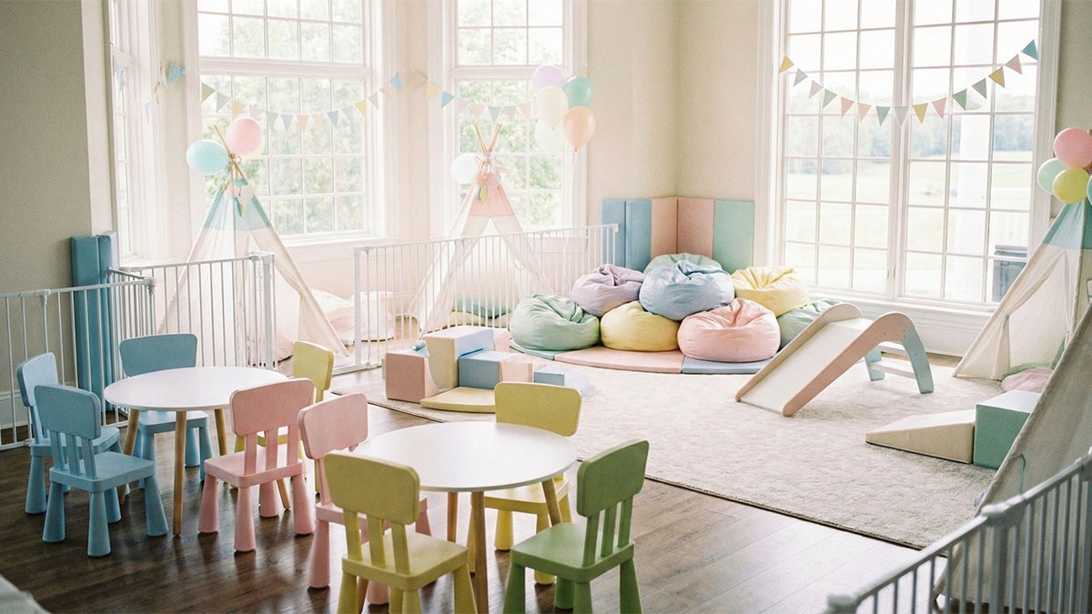 Уютная детская зона на мероприятии с низкими столиками и мягкими пуфами