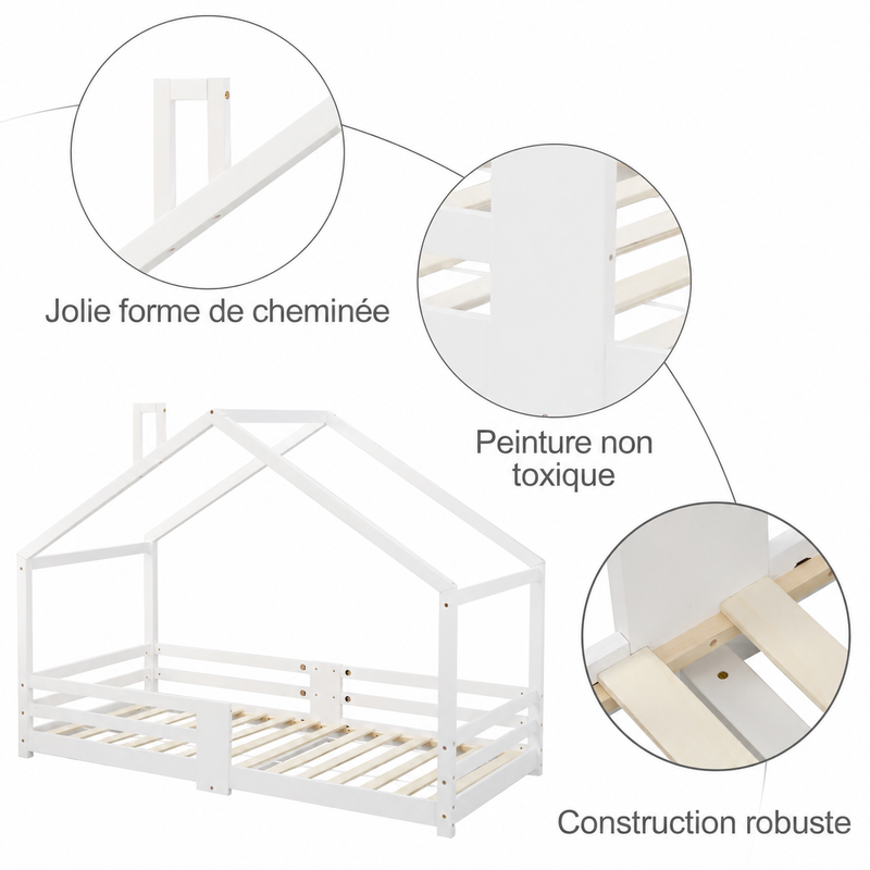 Lit cabane enfant 90 × 200 cm blanc avec cheminée décorative