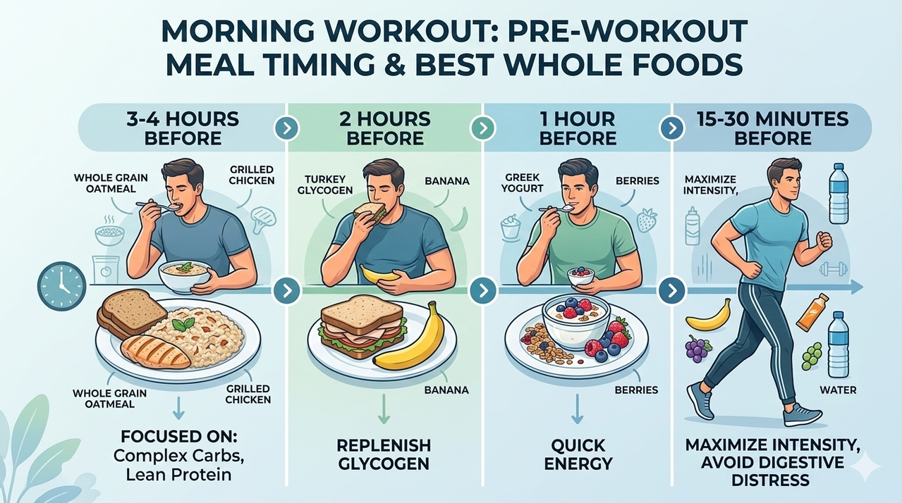 Visual schedule showing pre-workout meal timing for best whole foods to eat before a morning workout