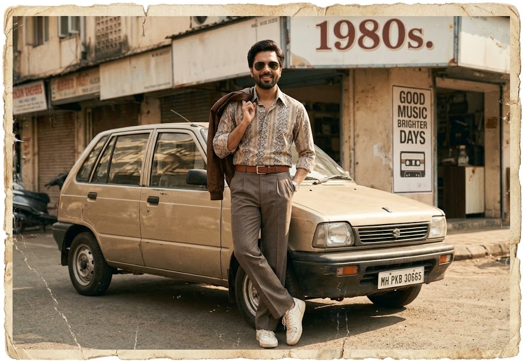 AI-generated example result for the Creative Images prompt: Nostalgic 1980s Compact Car Portrait by Prompt Craft