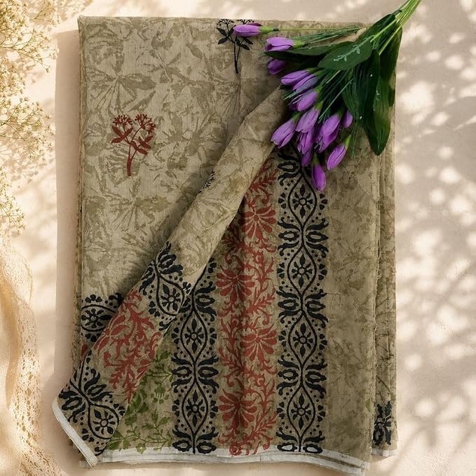 Women's Ready to Wear Handcrafted Chanderi Silk Saree with Block Print