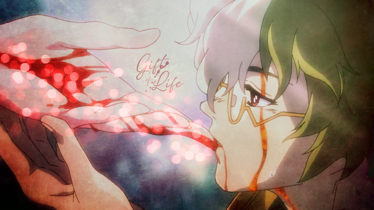 Wallpaper of Ikoma from the anime Kabaneri of the Iron Fortress feeding on blood.
