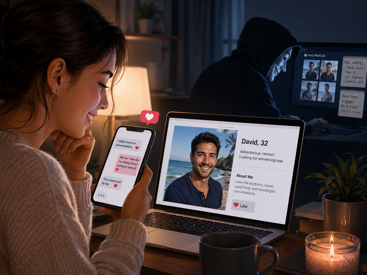 Catfish scam showing a fake dating profile used to build trust online