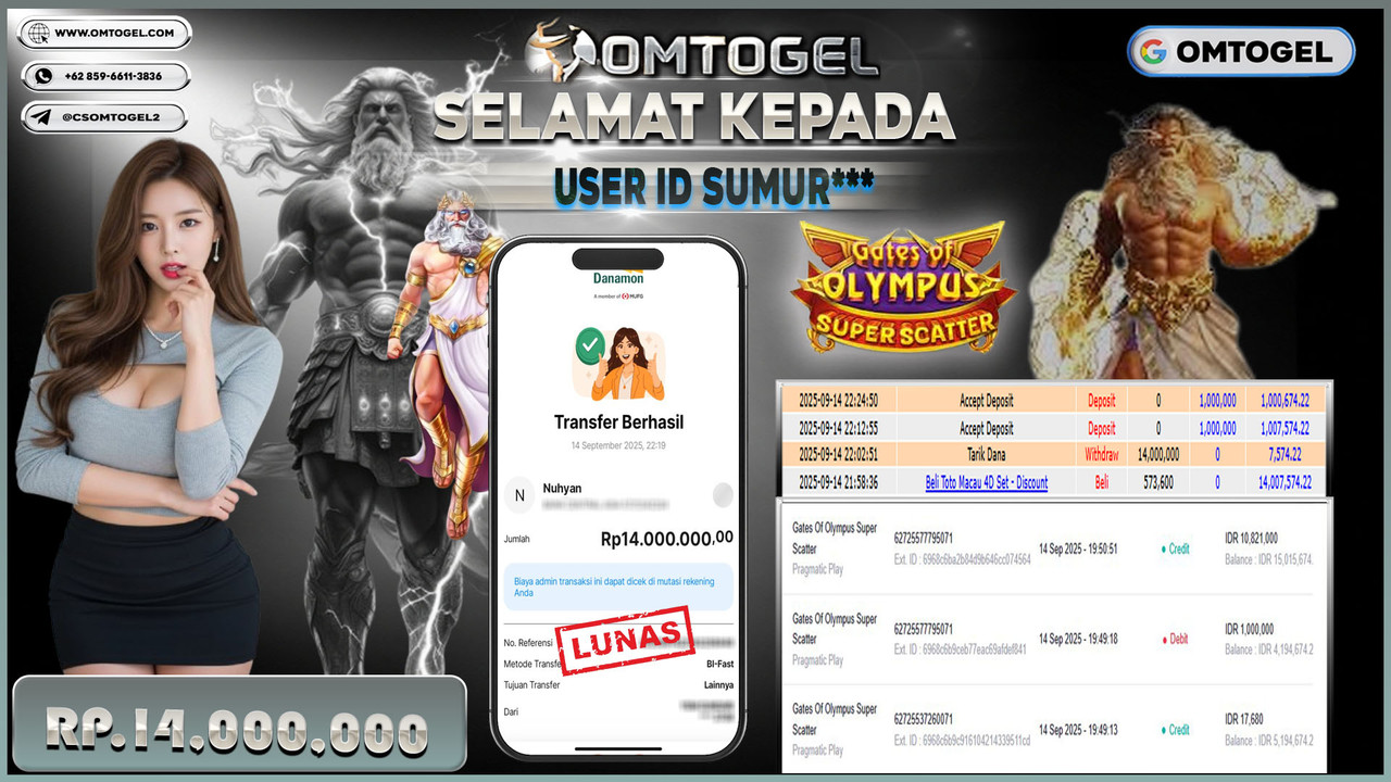 OMTOGEL JACKPOT PRAGMATIC PLAY GATES OF OLYMPUS SUPER SCATTER 14 JUTA DI BAYAR LUNAS ,-