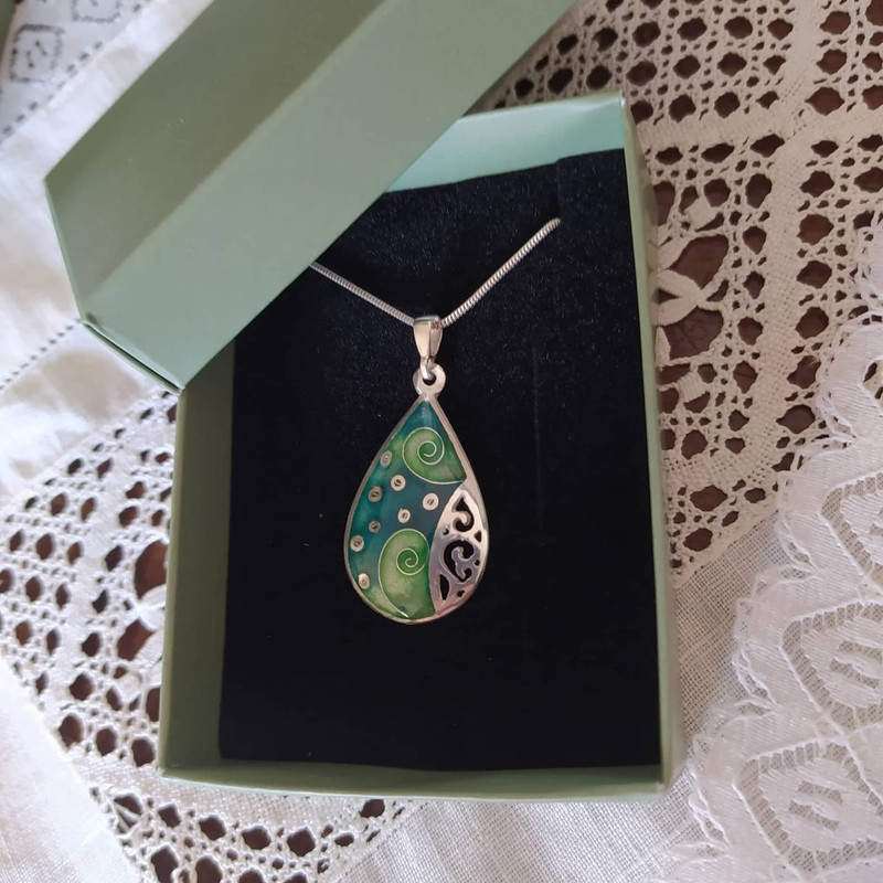 Cloisonné Enamel Pendant Emerald Teardrop - handmade cloisonne enamel
