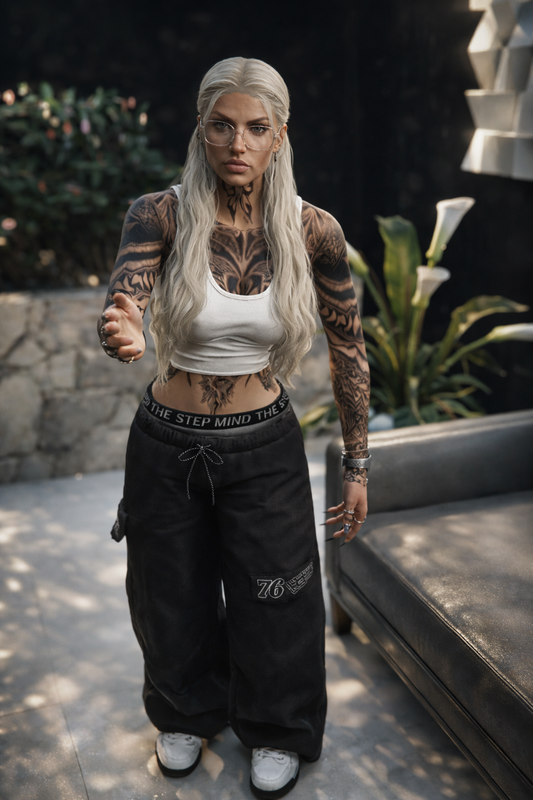 Elegant woman with tattoos in nature