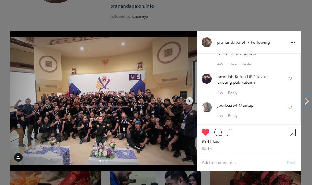 Unggahan terbaru di instagram Prananda Paloh