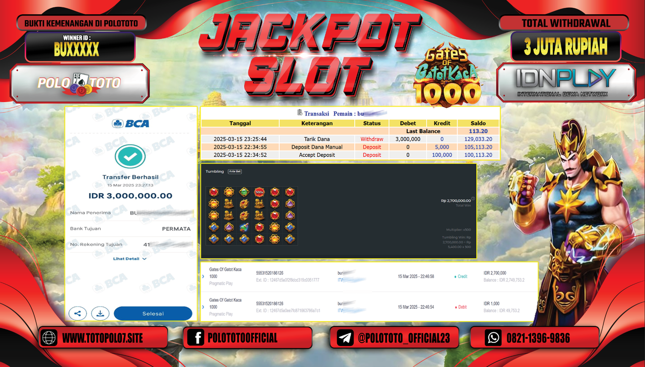 POLOTOTO JACKPOT SLOT GATES OF GATOT KACA 1000 Rp.3.000.000,-