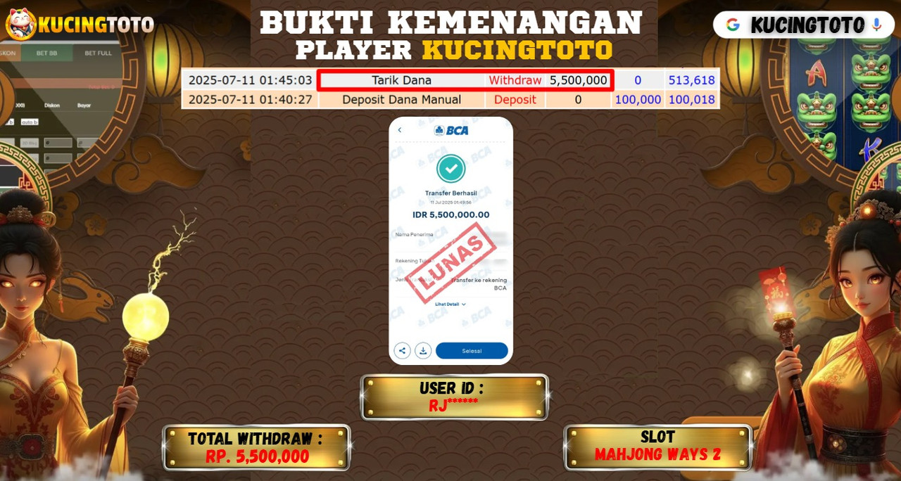 KUCINGTOTO JACKPOT SLOT MAHJONG WAYS RP.5.500.000.,- LUNAS