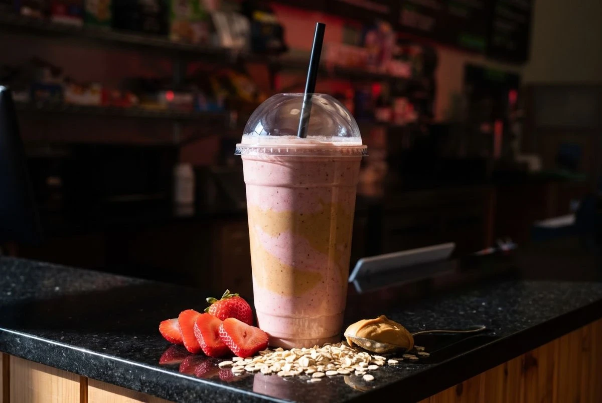 PB and J peanut butter, oat and strawberry protein shake at the Sportset Shakes bar