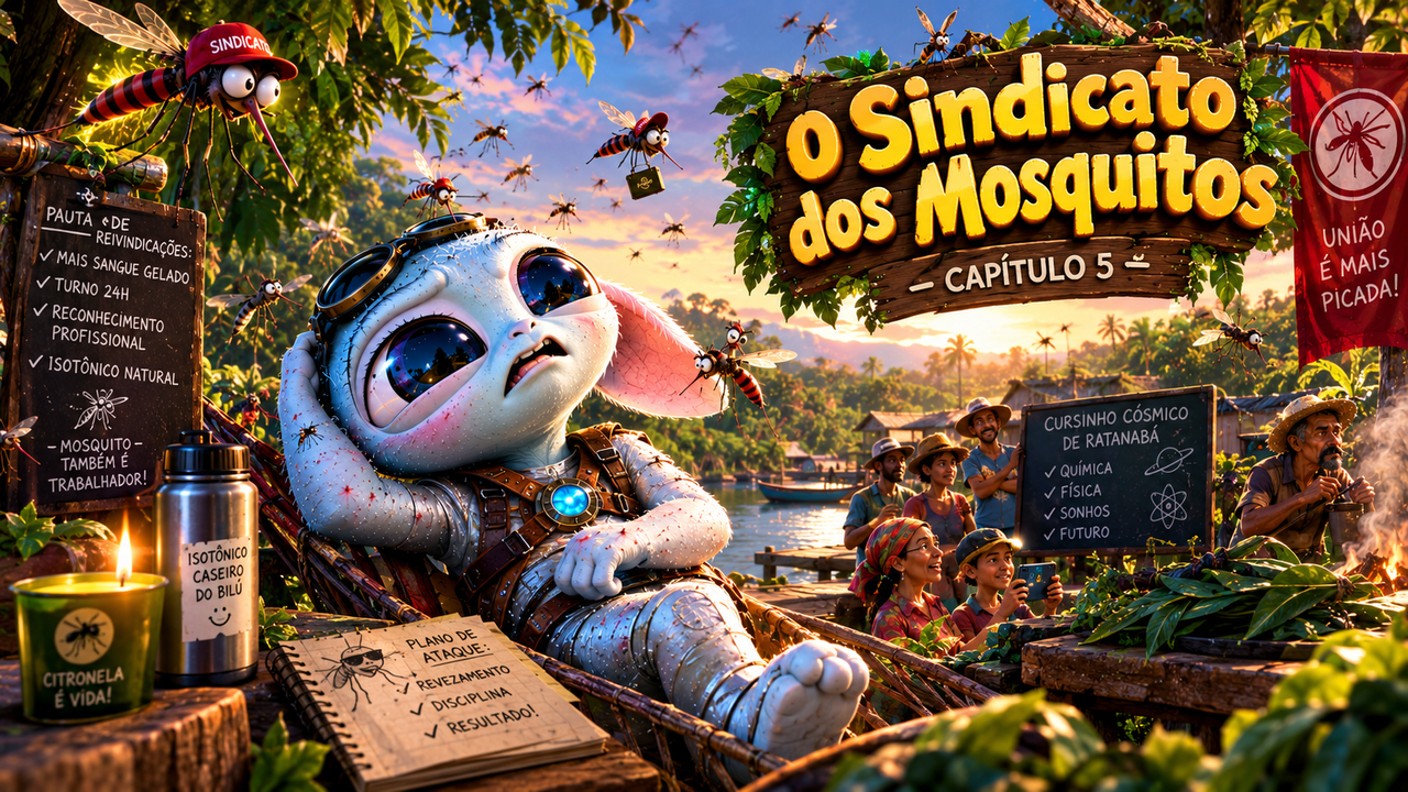 Ilustração do Capítulo 5 de ET Bilú e suas aventuras em Ratanabá: O Sindicato dos Mosquitos. Bilú conversando com a presidenta dos mosquitos telepáticos Genivalda e sua pauta de reivindicações na clareira.