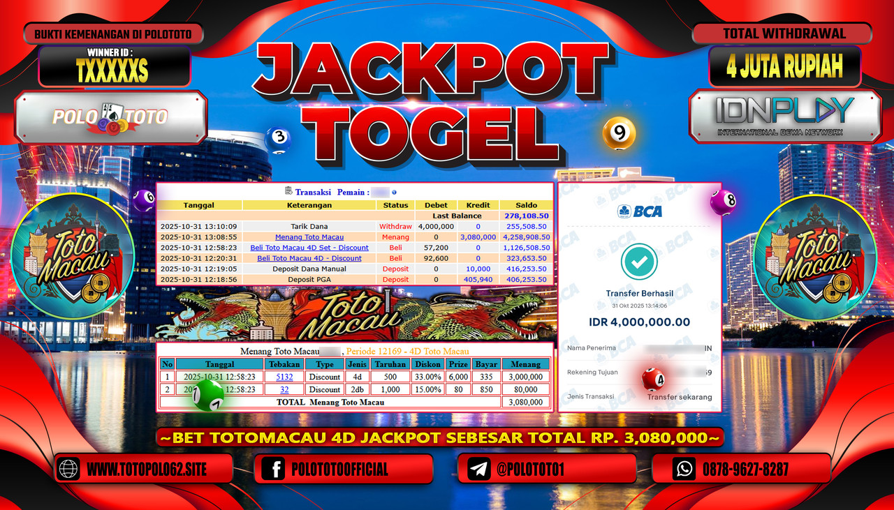 POLOTOTO JACKPOT TOGEL TOTO MACAU Rp.4.000.000,- LUNAS