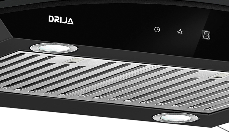 Campana de cocina Drija Prisma Isla Touch 90 Black con diseño elegante y curvado.