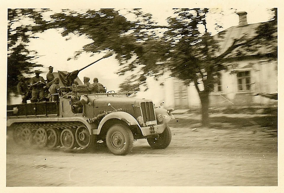 BEST! Luftwaffe SdKfz 7-2 3.7cm Flak Gun Halftrack Passing on Road!!!-- (1)