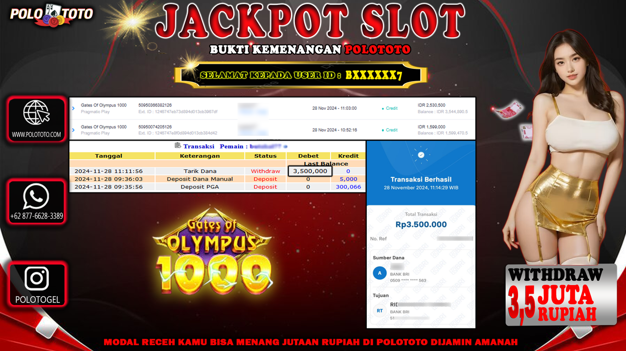 POLOTOTO JACKPOT SLOT GATES OF OLYMPUS 1000 Rp.3,500.000,-