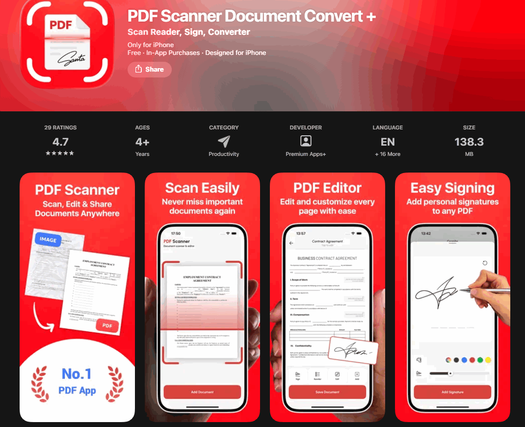 Giao diện tính năng quét và chỉnh sửa tài liệu PDF trên iPhone
