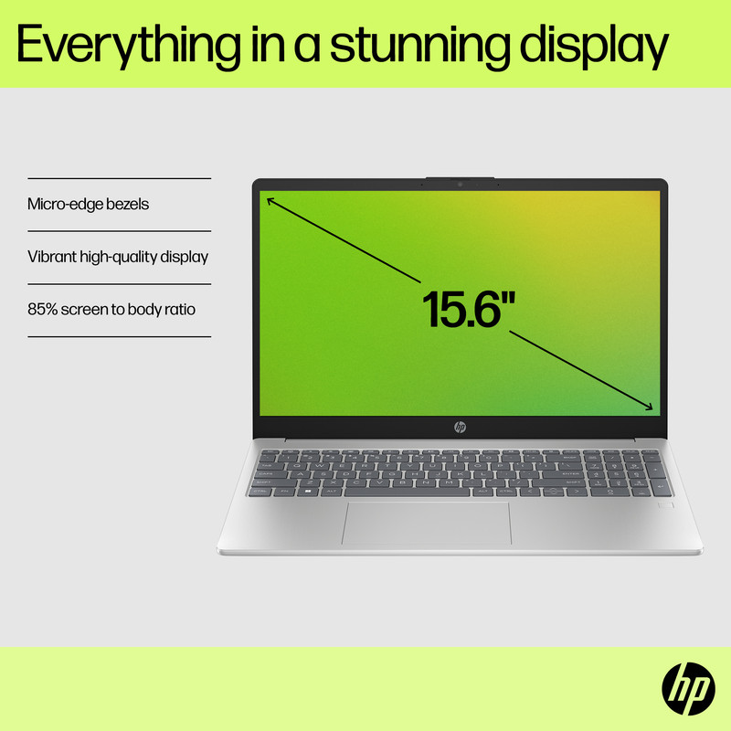 Laptop HP de 15.6 pulgadas en color plata, mostrando su pantalla táctil.