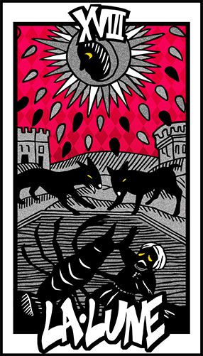 an image of a card, upright. on the card, a man is attacked by a crawfish like creature as well as a pair of dogs, as the man in the moon observes the attack. on top of the card is the roman numeral XVIII (18), and on the bottom of the card is the text La Lune