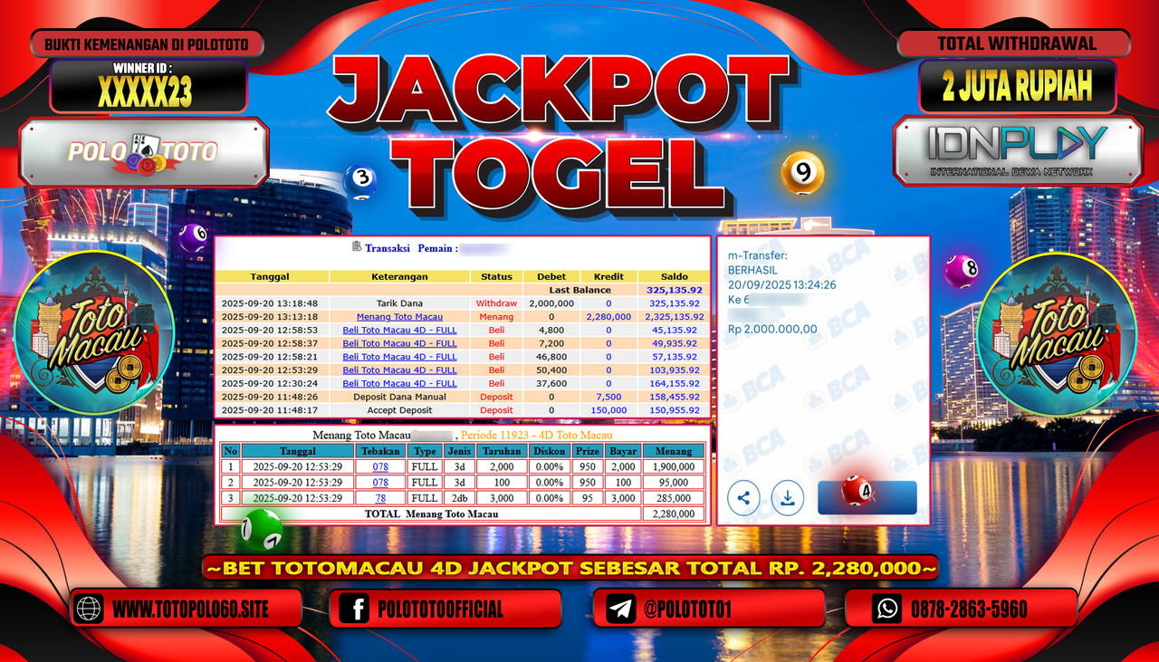 POLOTOTO JACKPOT TOGEL TOTO MACAU Rp.2.000.000,- LUNAS