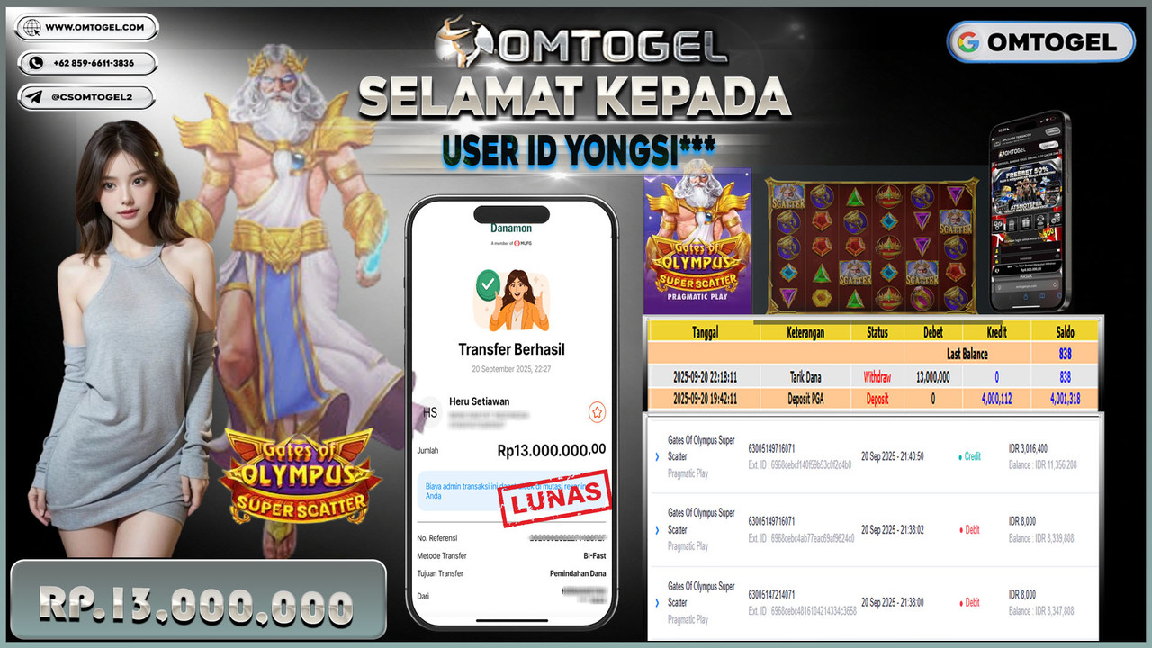 OMTOGEL JACKPOT PRAGMATIC PLAY GATES OF OLYMPUS SUPER SCATTER 13 JUTA DI BAYAR LUNAS ,-