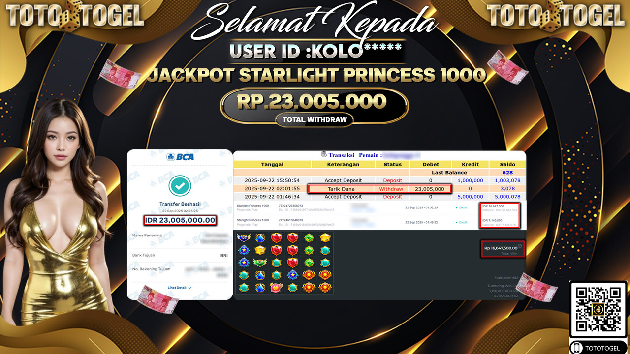 Bukti Pembayaran Jackpot Permainan Slot Starlight Princess 1000  ID:KIP*** LUNAS