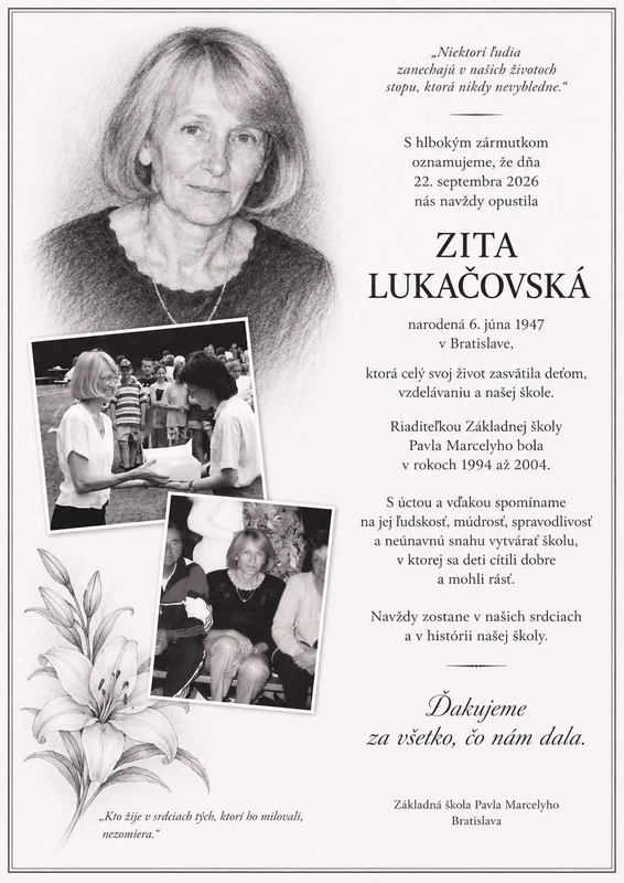 Parte oznámenie Základnej školy ZŠ Pavla Marcelyho rekapituluje pôsobenie jej bývalej riaditeľky.