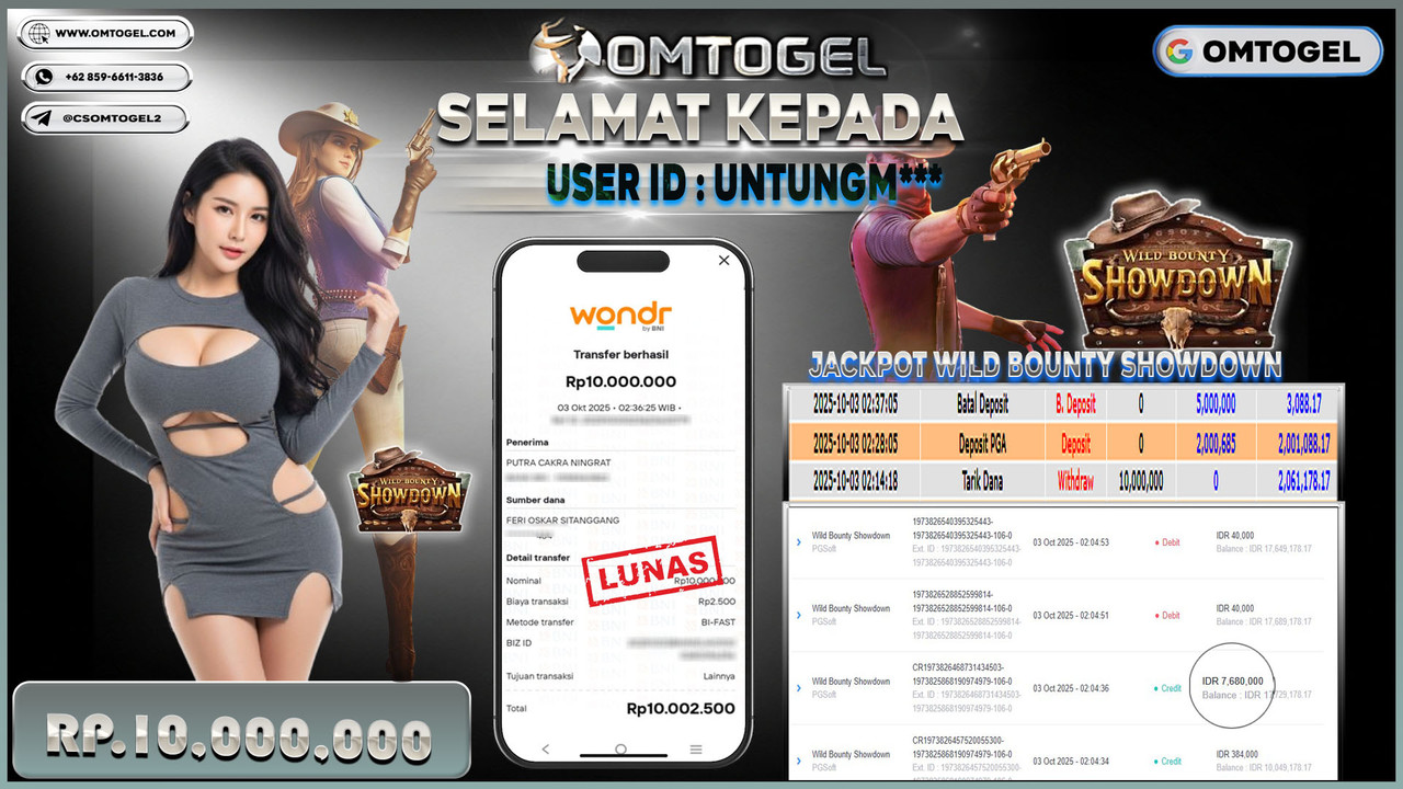 OMTOGEL JACKPOT PGSOFT WILD BOUNTY SHOWDOWN 10 JUTA DI BAYAR LUNAS ,-