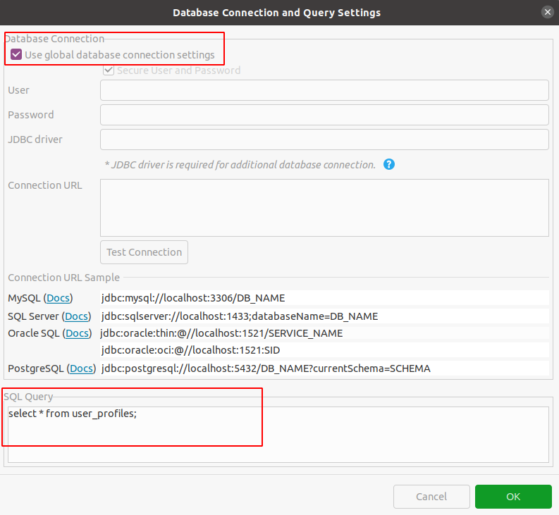 data connection and query setting