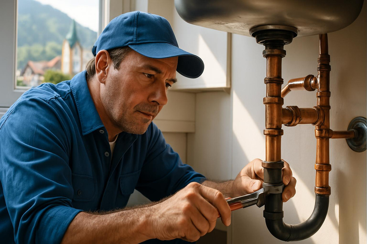 Encanador em Petrópolis realizando reparo hidráulico profissional em cozinha residencial com seriedade e competência.