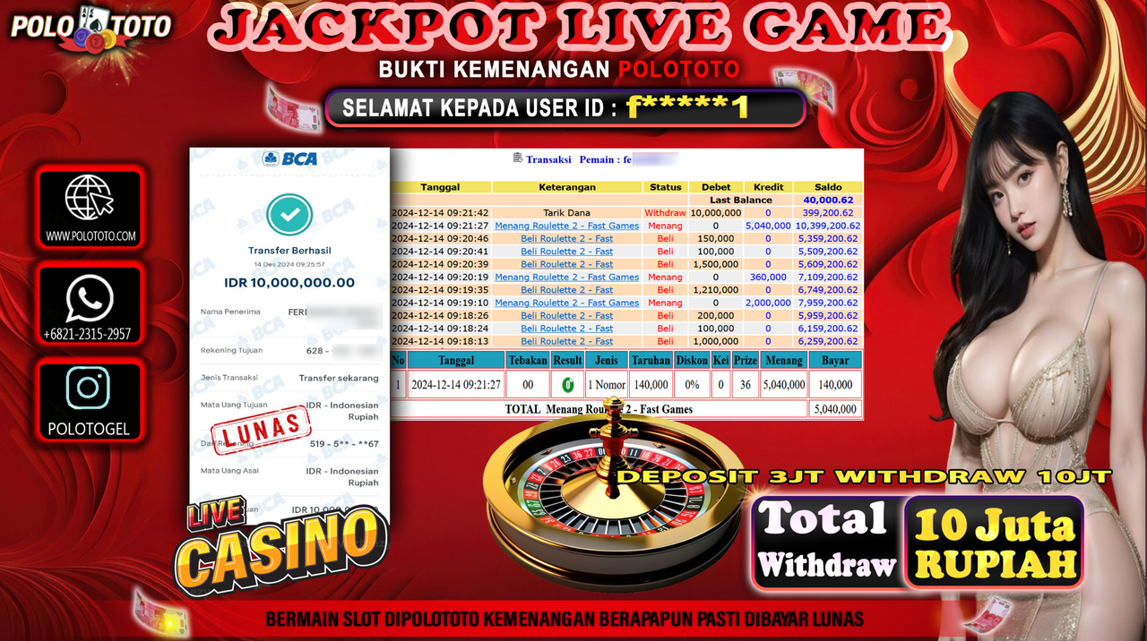 POLOTOTO JACKPOT LIVE GAME CASINO ROULETTE Rp.10,000.000,-