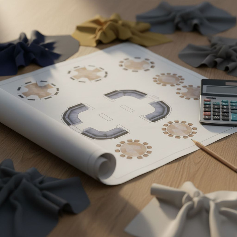 Схема планирования пространства и зонирования зала, включающая расстановку мебели для мероприятий и расчет посадочных мест.