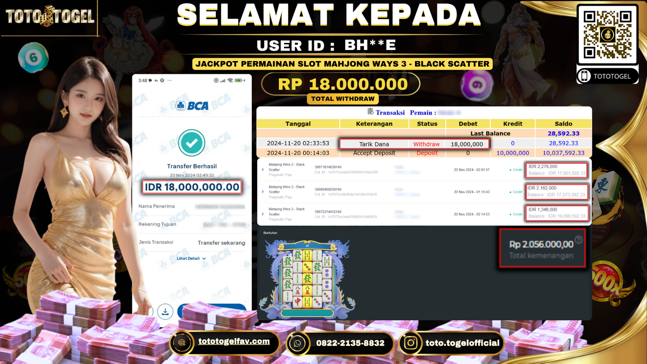 Bukti Pembayaran Jackpot Permainan Slot Mahjong Ways 3 - Black Scatter  ID: BH**E LUNAS 