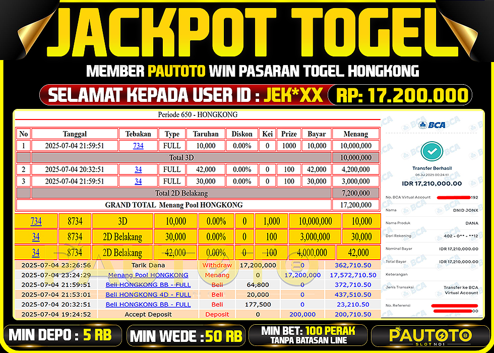 BUKTI PEMBAYARAN TGL 4 JULY 2025 MENANG DI PASARAN HONGKONG POOLS TOTAL WD 17 JUTAAN