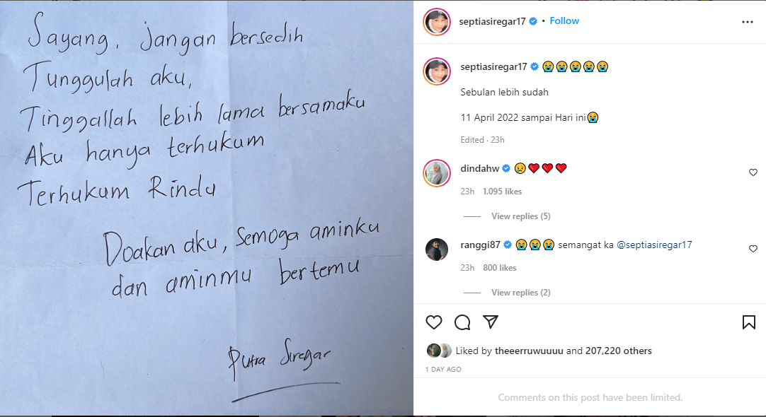 Surat Putra Siregar untuk istrinya (Instagram @septiasiregar17)