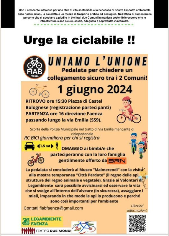Biciclettata “Uniamo l’Unione” Castel Bolognese – Faenza, domenica 1 Giugno