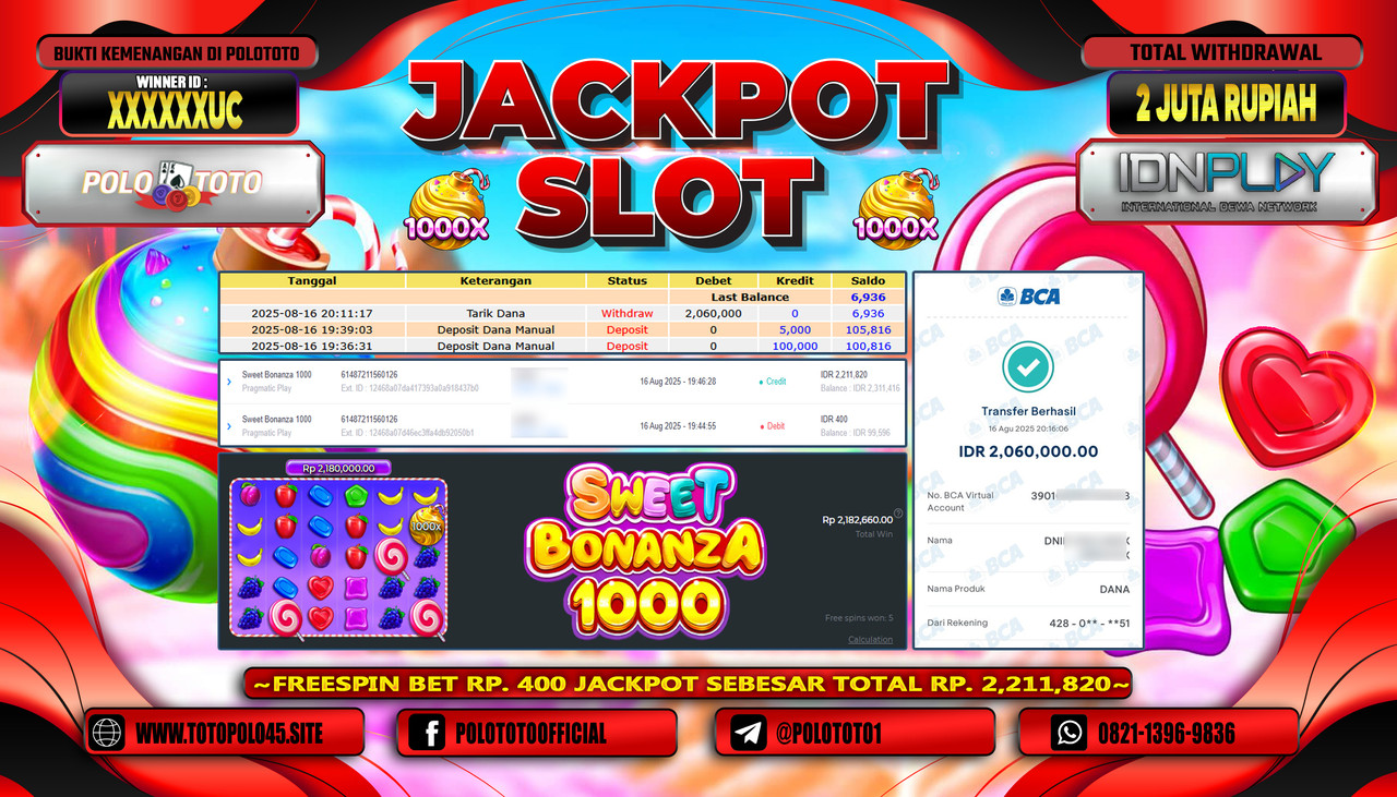 POLOTOTO JACKPOT SLOT SWEET BONANZA 1000 Rp.2.000.000,- LUNAS