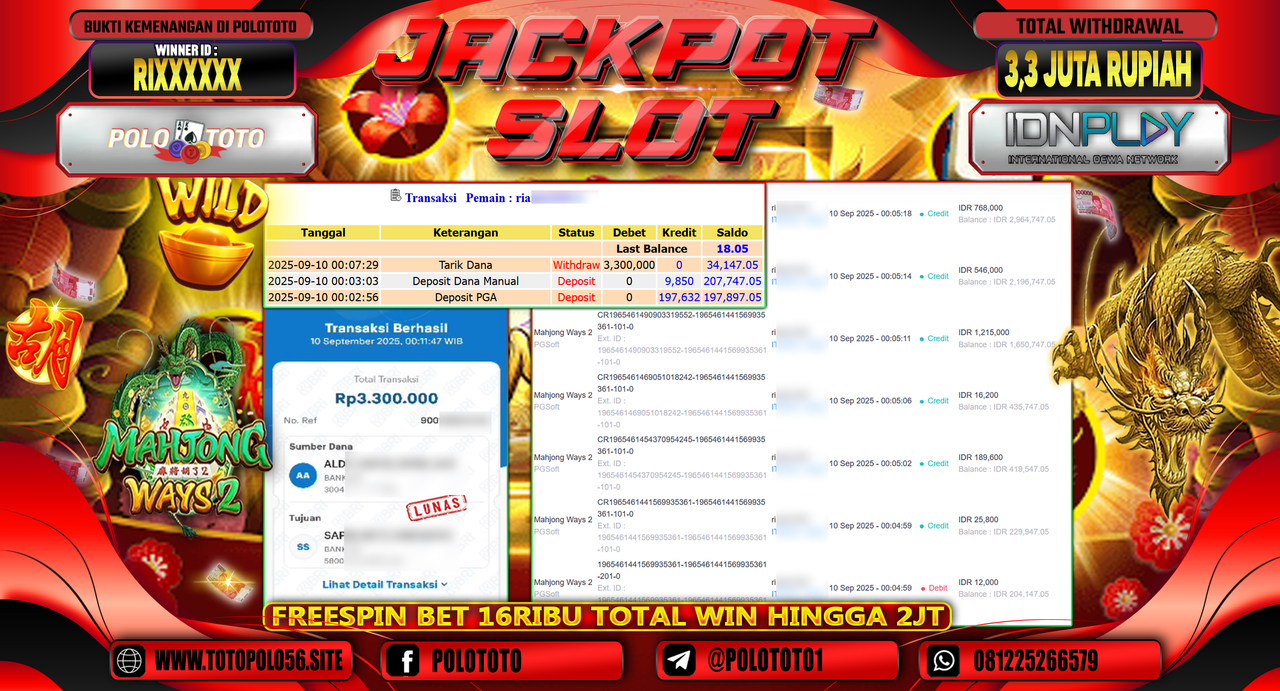 POLOTOTO JACKPOT SLOT MAHJONG WAYS 2 Rp.3.300.000,-