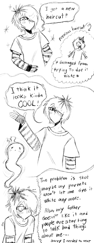 I got a new haircut! My previous hair was damaged because of chemical hair dyes. Now it looks kinda cool! The problem is that maybe my parents wont let  me dye it white anymore. Also, my father doesn't like it and people are starting to talk bad things about me... sorry, I needed to vent.