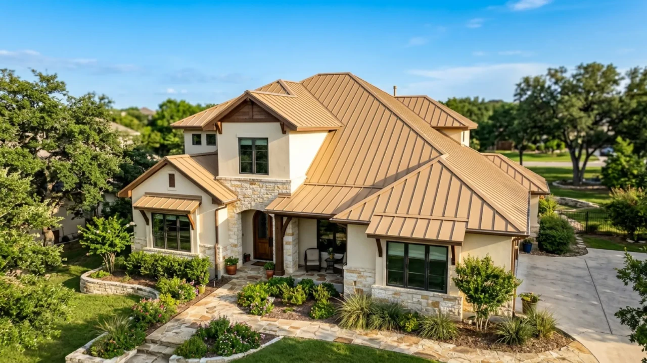Energy efficient standing seam metal roof tan sandstone color on San Antonio residential home