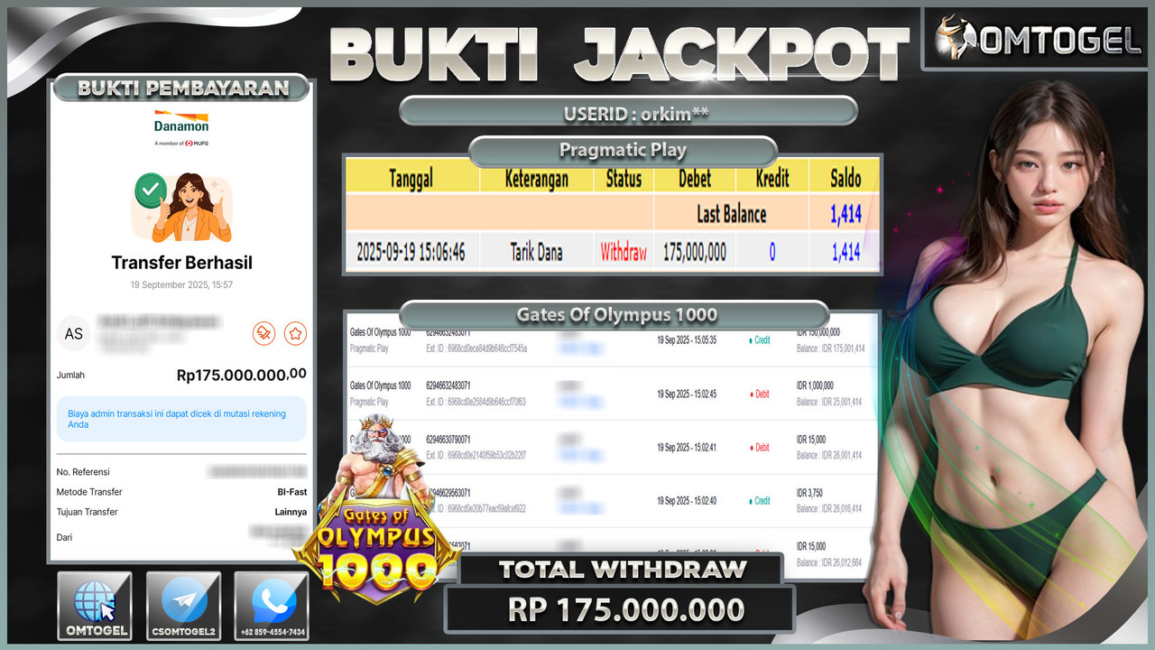 OMTOGEL JACKPOT PRAGMATIC PLAY GATES OF OLYMPUS 1000 175 JUTA DI BAYAR LUNAS ,-