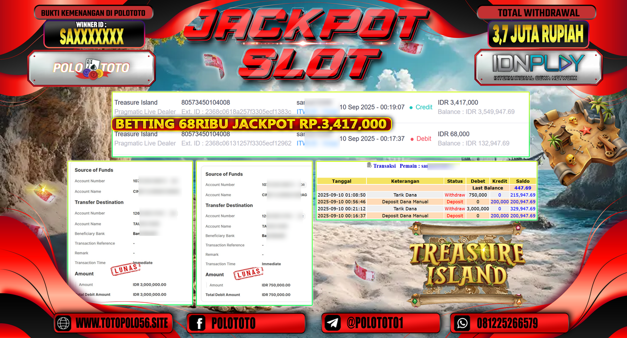 POLOTOTO JACKPOT SLOT TREASURES ISLAND Rp.3.750.000,-