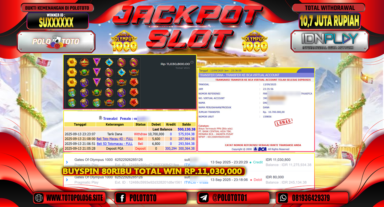 POLOTOTO JACKPOT SLOT GATES OF OLYMPUS 1000 Rp.10.700.000,-