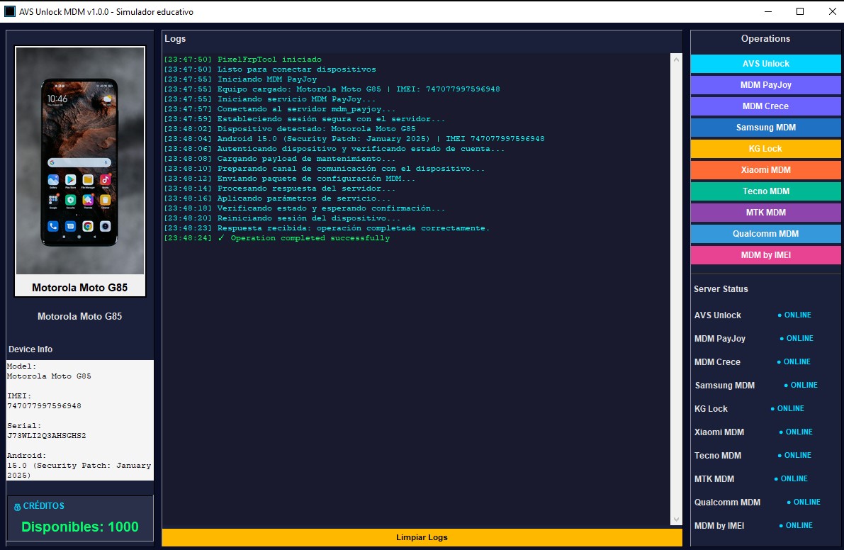 Interfaz de AVS Unlock MDM