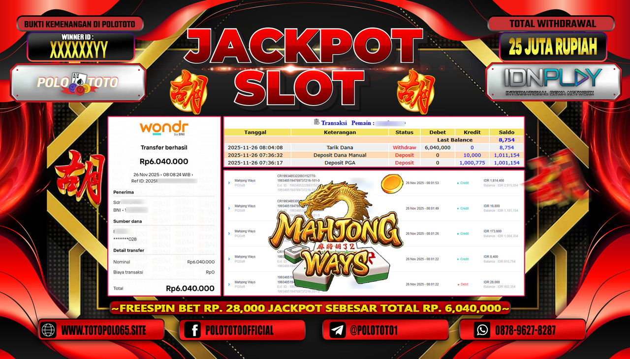 POLOTOTO JACKPOT SLOT MAHJONG WAYS 2 Rp.25.000.000,- LUNAS