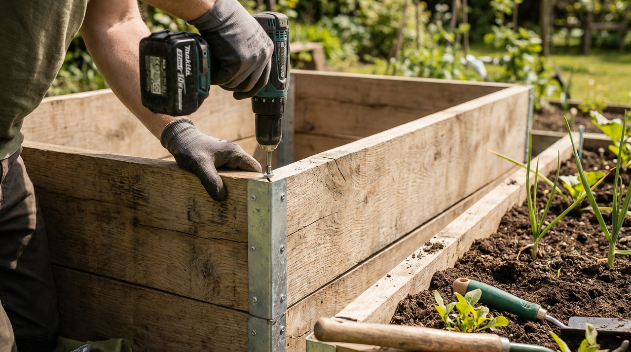 Сборка бортов высоких грядок из металла и дерева