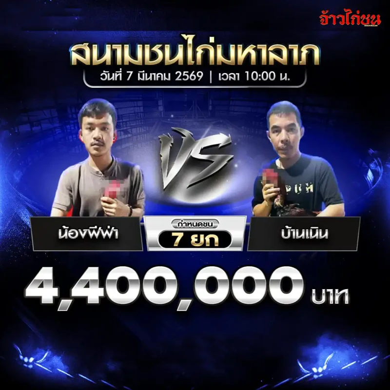 โปรแกรมไก่ชน คู่น้องฟีฟ่า พบ บ้านเนิน สนามชนไก่มหาลาภ วันที่ 7 มีนาคม 2569